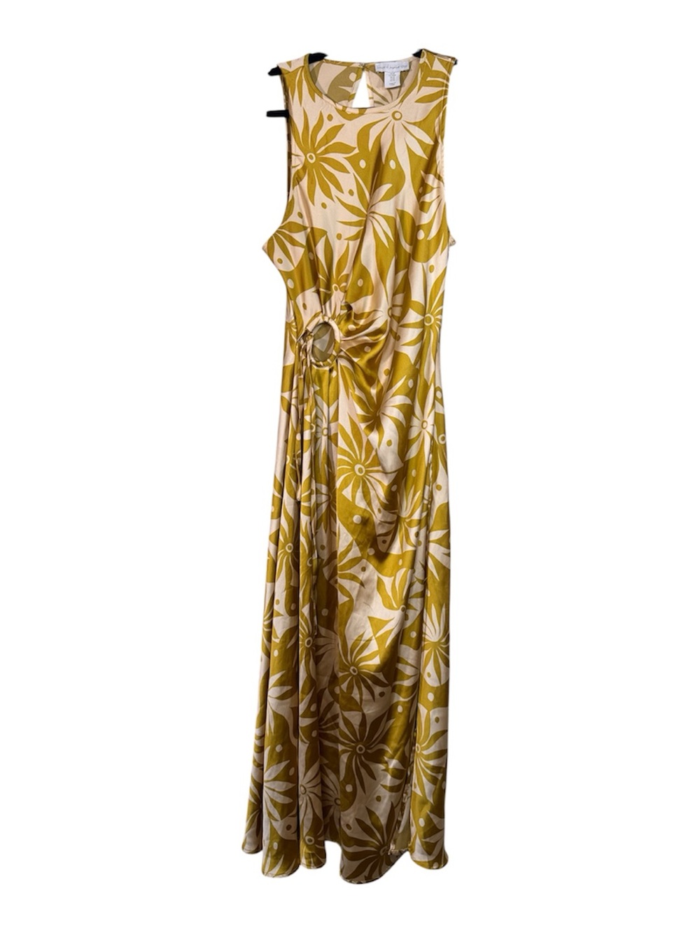 House Of Harlow Gold Retro Sun Print Maxi Dress Womens M Ruched Cutout Satin